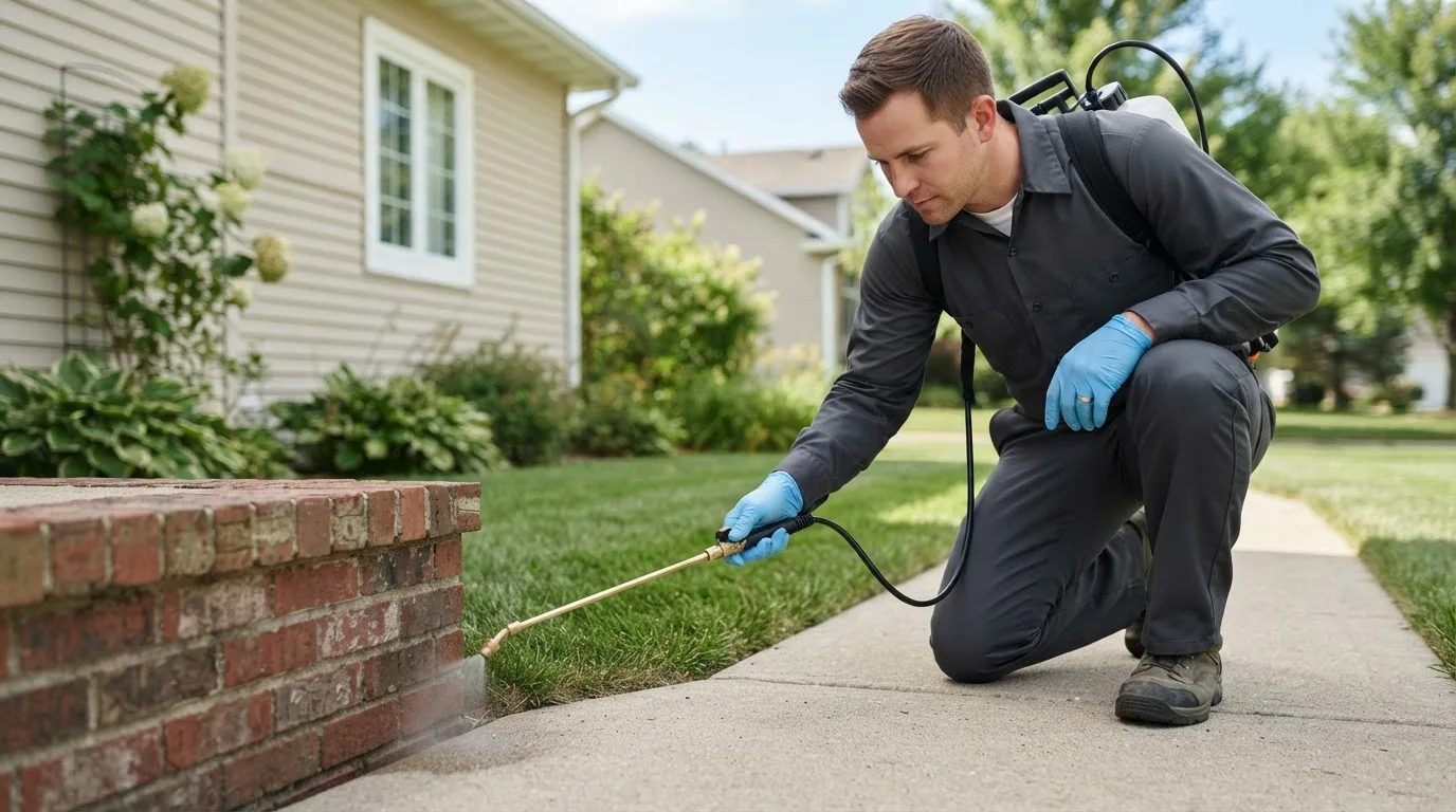 Pest control technician treating a home near Geneva, MN