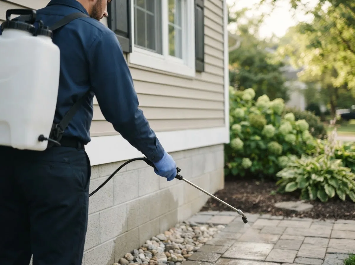 Pest control technician inspecting a home in Geneva, MN